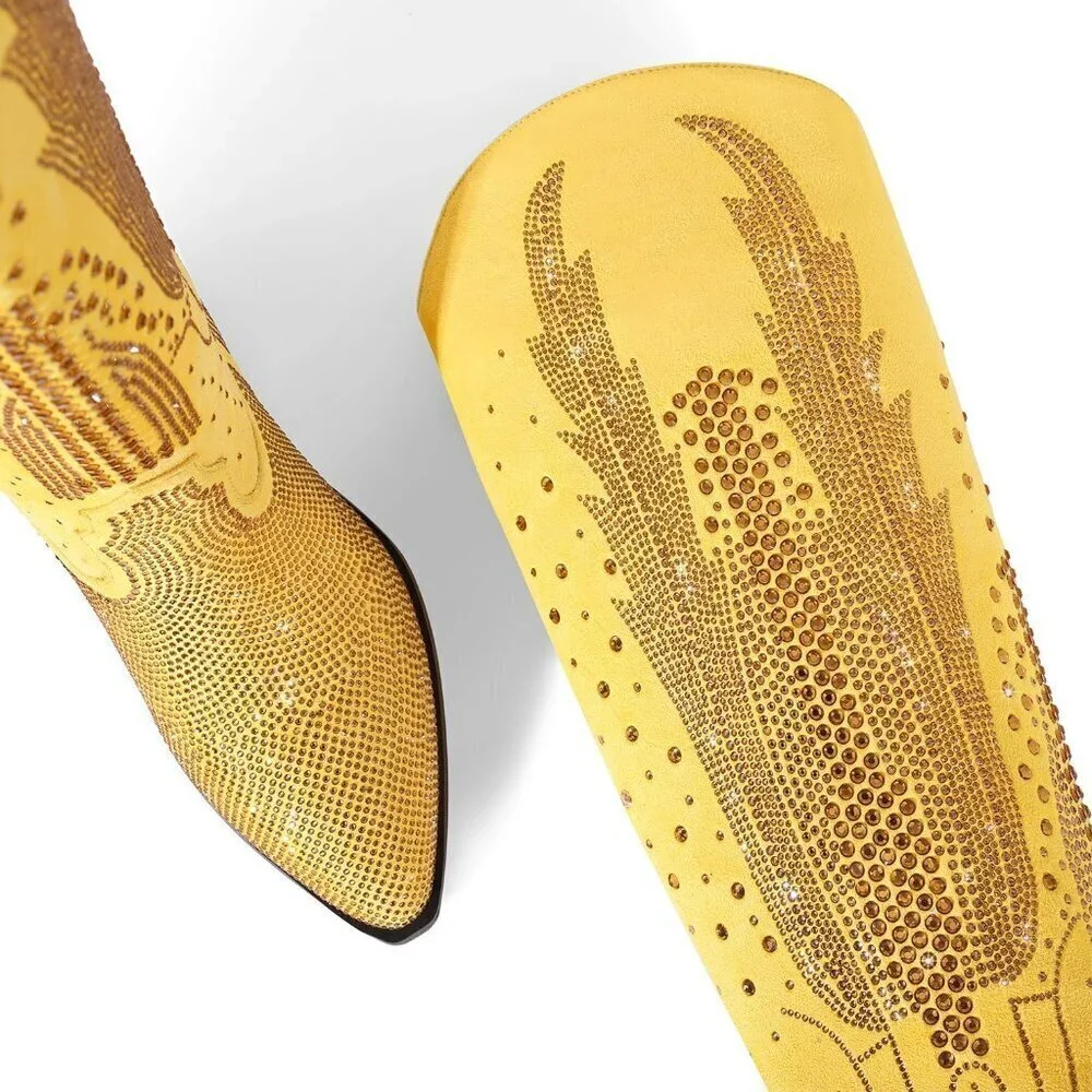 Women Polyurethane Yellow Knee High Pointed Toe Chunky Heel Rhinestone Boot